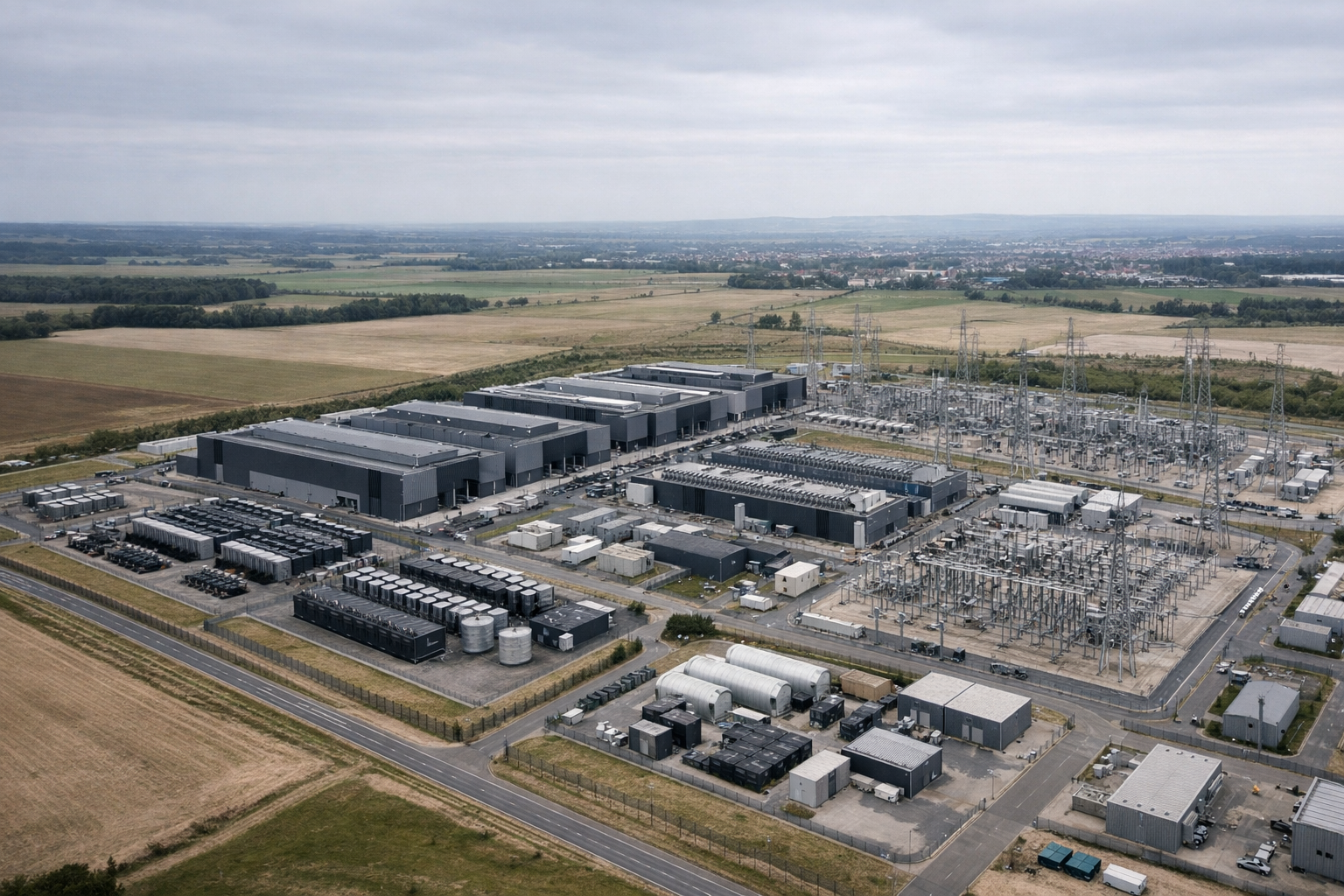 Wide view of powered land, grid infrastructure, and a large AI data center campus.